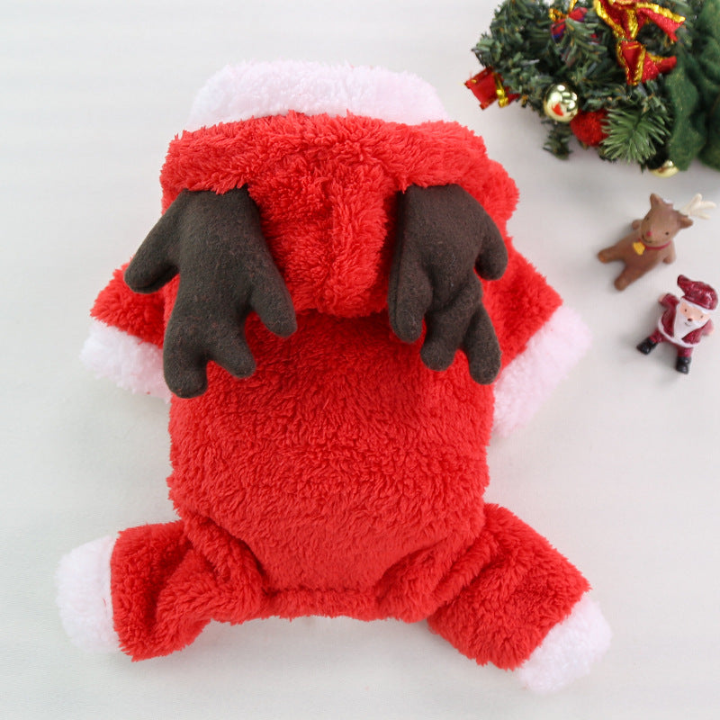 Red fluffy Christmas dog outfit with brown reindeer antlers and white trim for small to large dogs winter wear