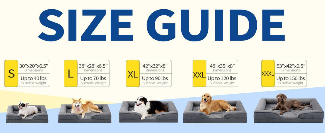 Size guide for large orthopedic dog sofa bed with washable egg crate foam mattress in multiple sizes for different dog weights.