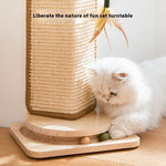 Load image into Gallery viewer, White cat playing with corner cat scratch board featuring a wooden base and feather toy attachment indoors
