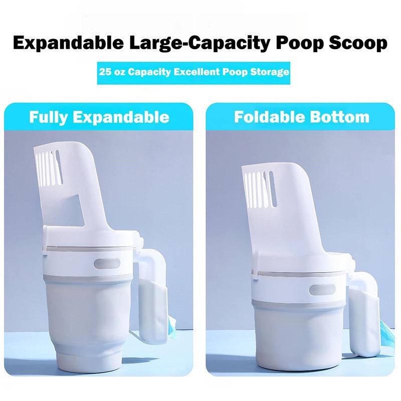 Expandable wide cat litter scoop with foldable bottom and 25 oz large-capacity self-cleaning bin for easy waste disposal