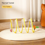 Load image into Gallery viewer, Folded S-shaped cat tunnel toy with yellow feather and mouse, collapsible for indoor and outdoor cat play.

