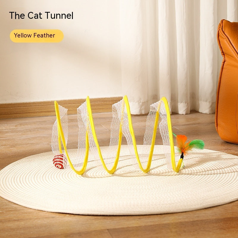 Folded S-shaped cat tunnel toy with yellow feather and mouse, collapsible for indoor and outdoor cat play.