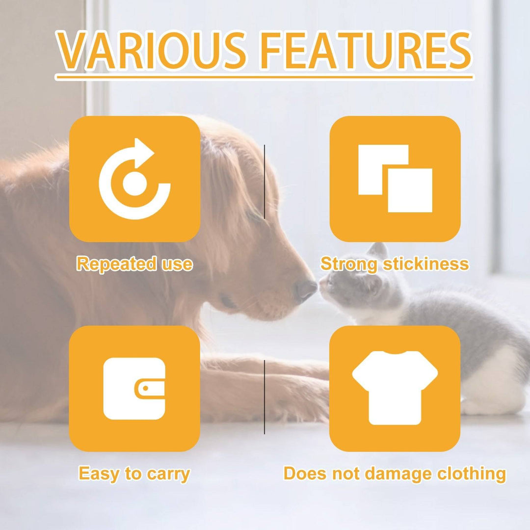 Dog and cat facing each other with icons highlighting pet hair remover features: reusable, strong stickiness, portable, gentle on clothes
