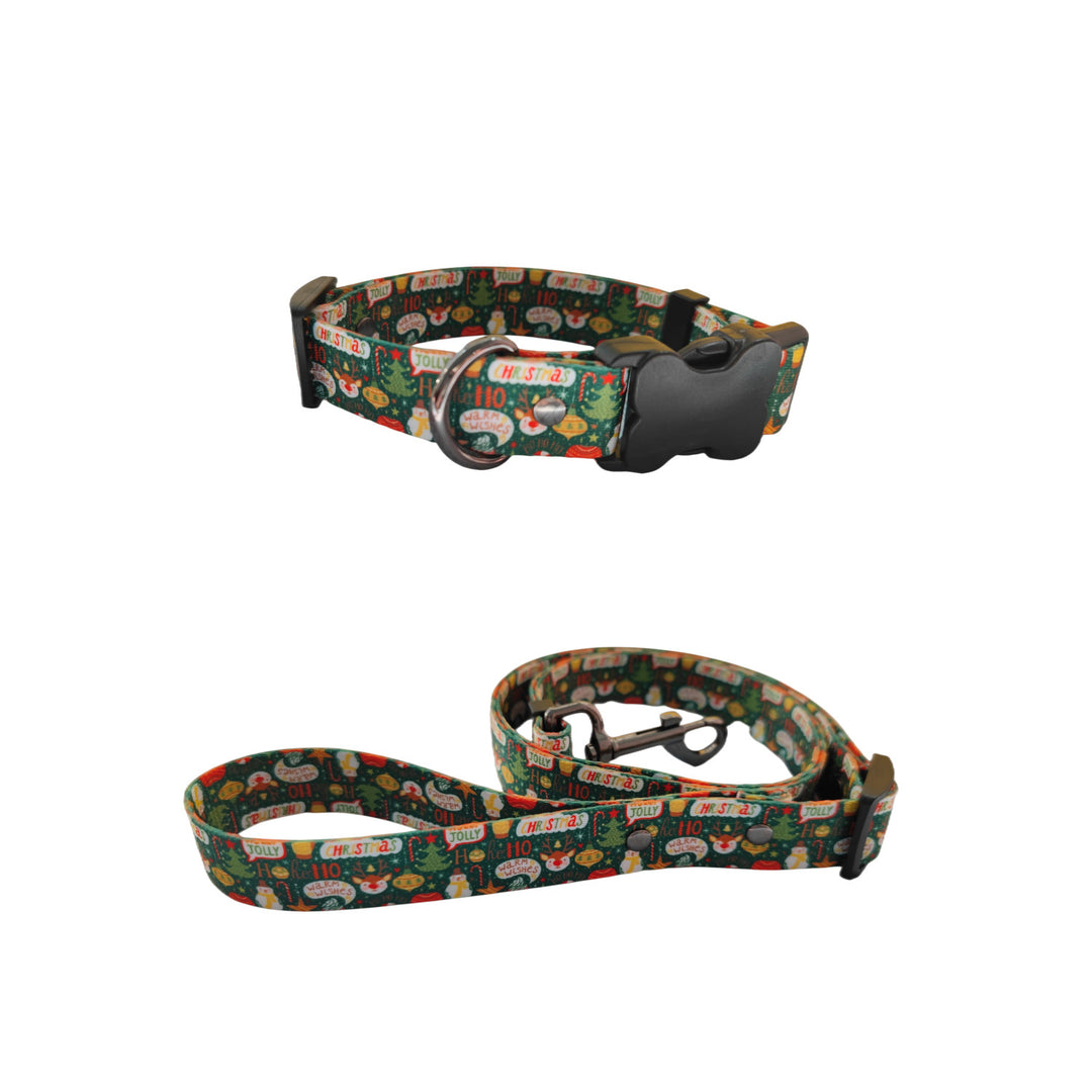 Christmas dog collar and leash set with festive holiday design, adjustable polyester for small to large dogs