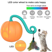 Interactive Halloween pumpkin cat toy with LED lights, vibrating sound, and feather teaser for playful cats