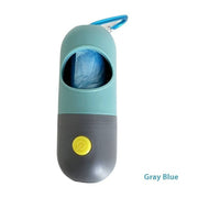 Gray blue LED light pet waste bag dispenser with carabiner clip and yellow power button for dog and cat walks