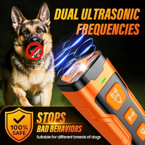 Dual ultrasonic frequency anti-bark device for dogs, 100% safe and effective for stopping bad behavior in various dog breeds.