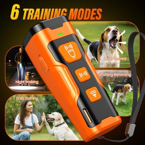 Dog behavior corrector with 6 training modes including night walking and daily training, featuring LED flashlight and ultrasonic sound.