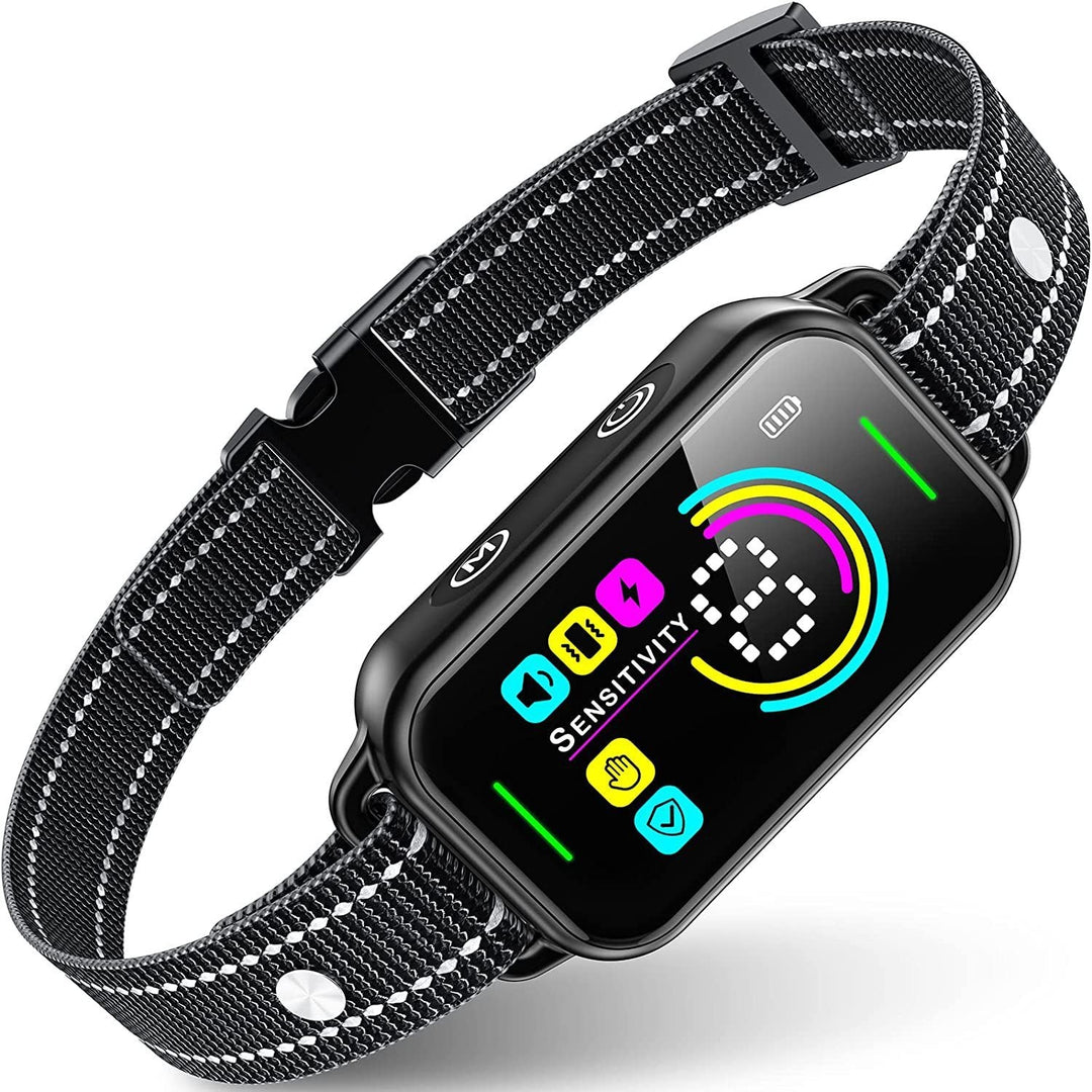 Black smart anti-bark dog collar with adjustable strap and colorful digital sensitivity display on screen