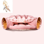 Load image into Gallery viewer, Pink collapsible cat tunnel with soft washable fabric and cushioned interior for interactive pet play and comfort
