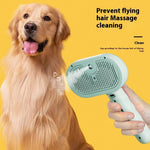 Load image into Gallery viewer, Green Self-Cleaning Pet Comb used on a golden retriever, demonstrating anti-static mist spray and hair removal benefits for pet grooming.
