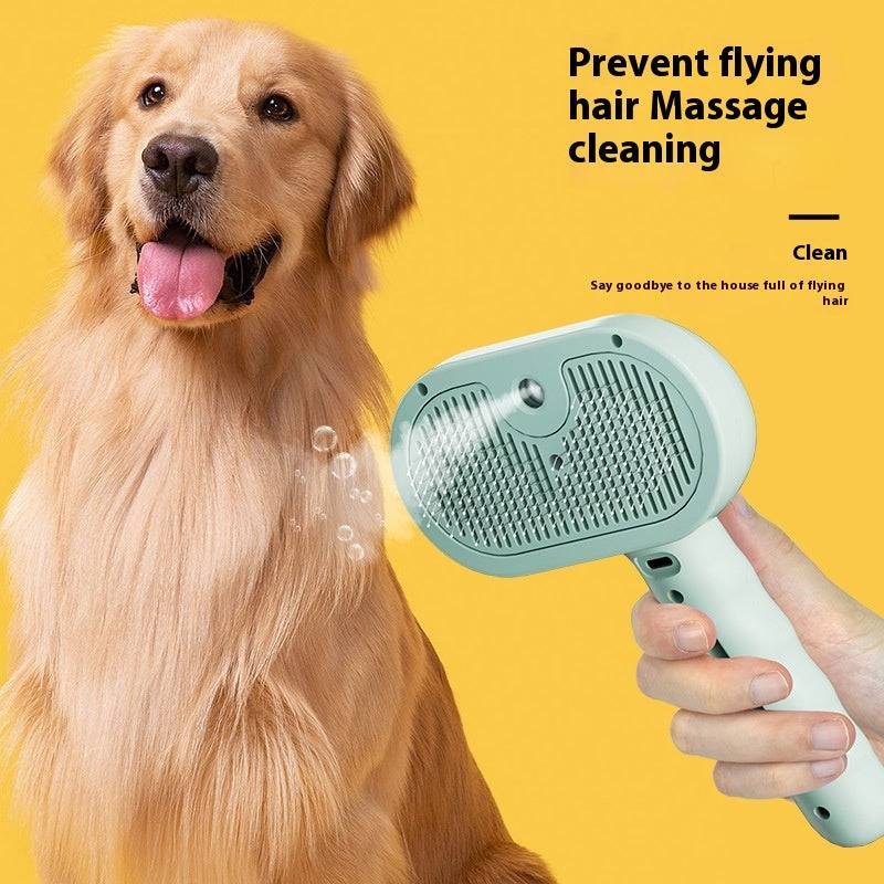 Green Self-Cleaning Pet Comb used on a golden retriever, demonstrating anti-static mist spray and hair removal benefits for pet grooming.