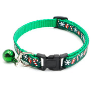 Green Christmas-themed pet collar with candy cane pattern and attached festive bell for dogs or cats.