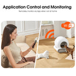 Load image into Gallery viewer, Woman using smartphone app to remotely control and monitor smart self-cleaning cat litter box with WiFi connectivity
