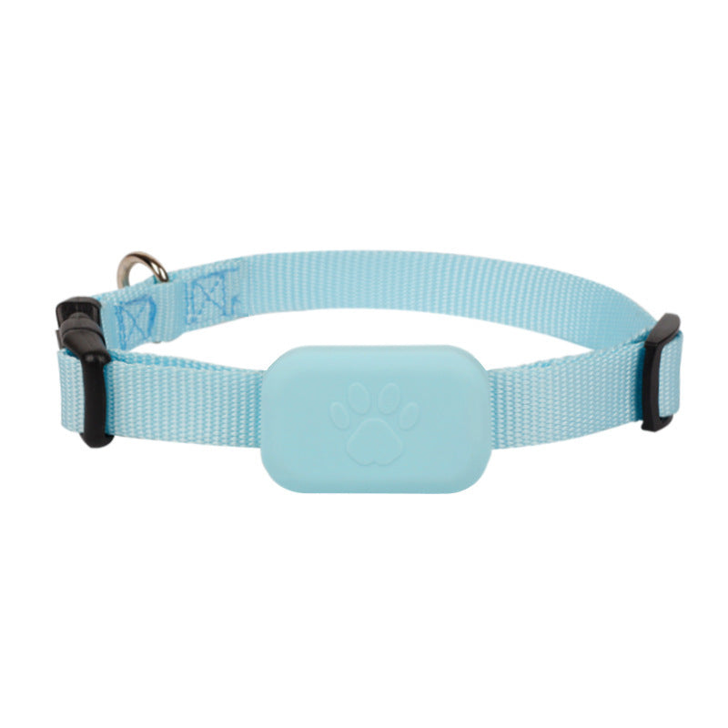 Light blue waterproof GPS pet tracker collar with adjustable strap and paw print design for cats and dogs