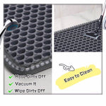 Load image into Gallery viewer, Close-up of black cat litter box mat showing easy cleaning options with vacuum, hose, and wiping instructions.
