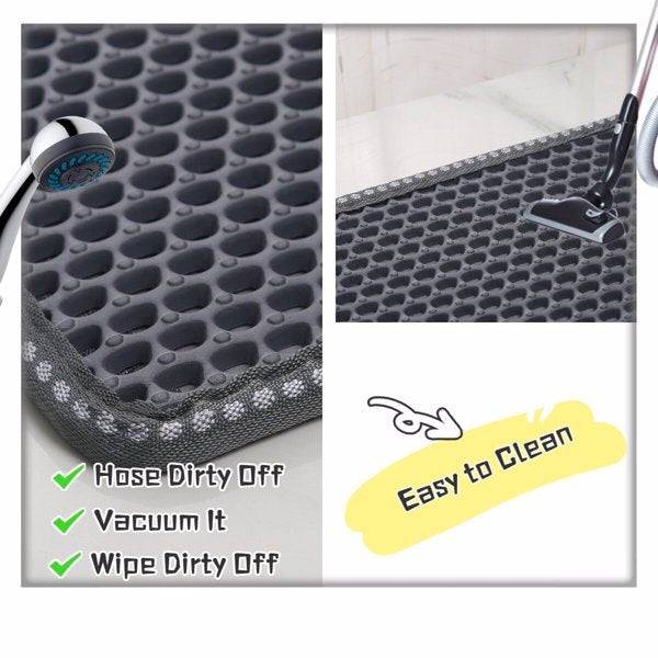 Close-up of black cat litter box mat showing easy cleaning options with vacuum, hose, and wiping instructions.