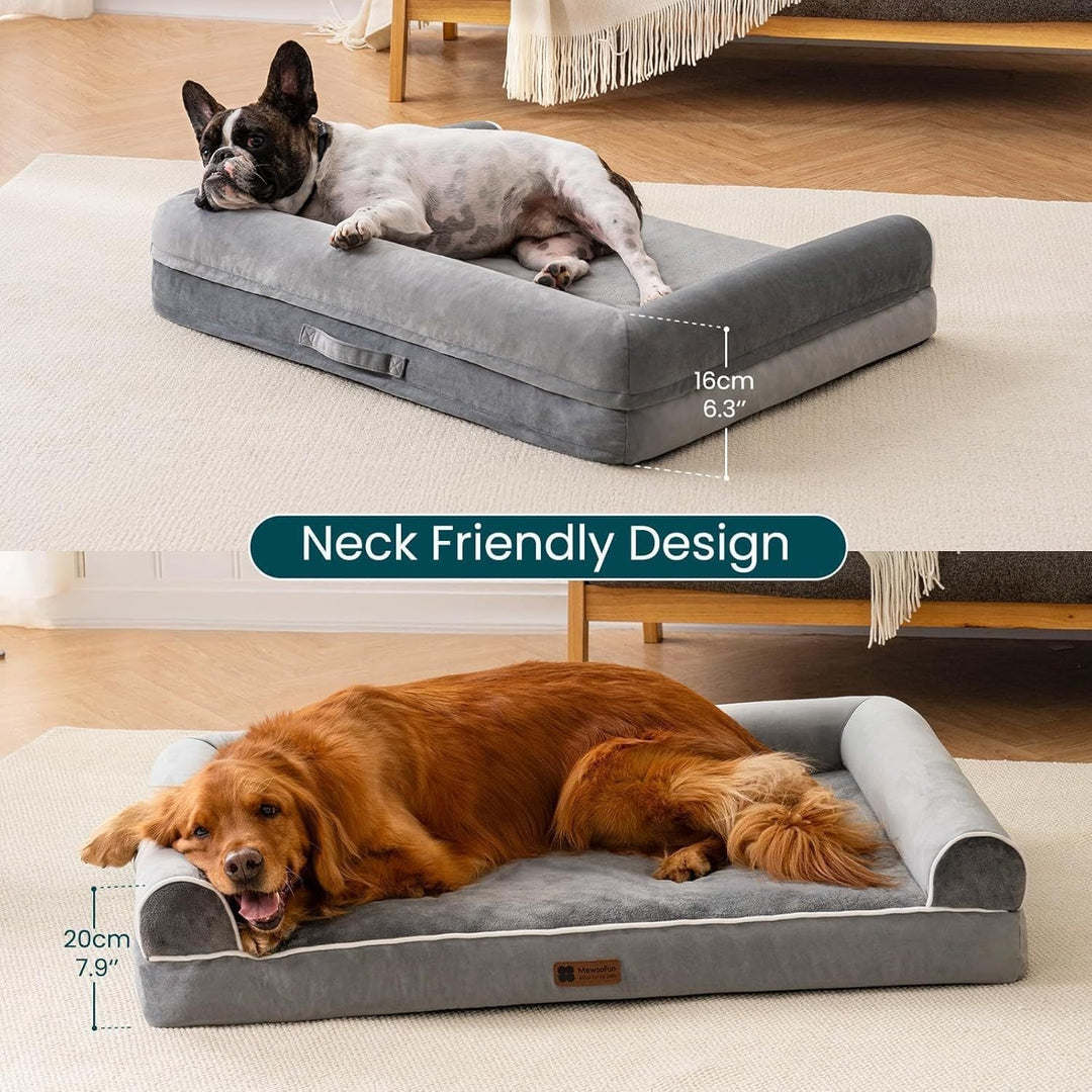 Orthopedic grey egg foam dog bed with waterproof cover and neck-friendly bolsters for medium and large dogs.