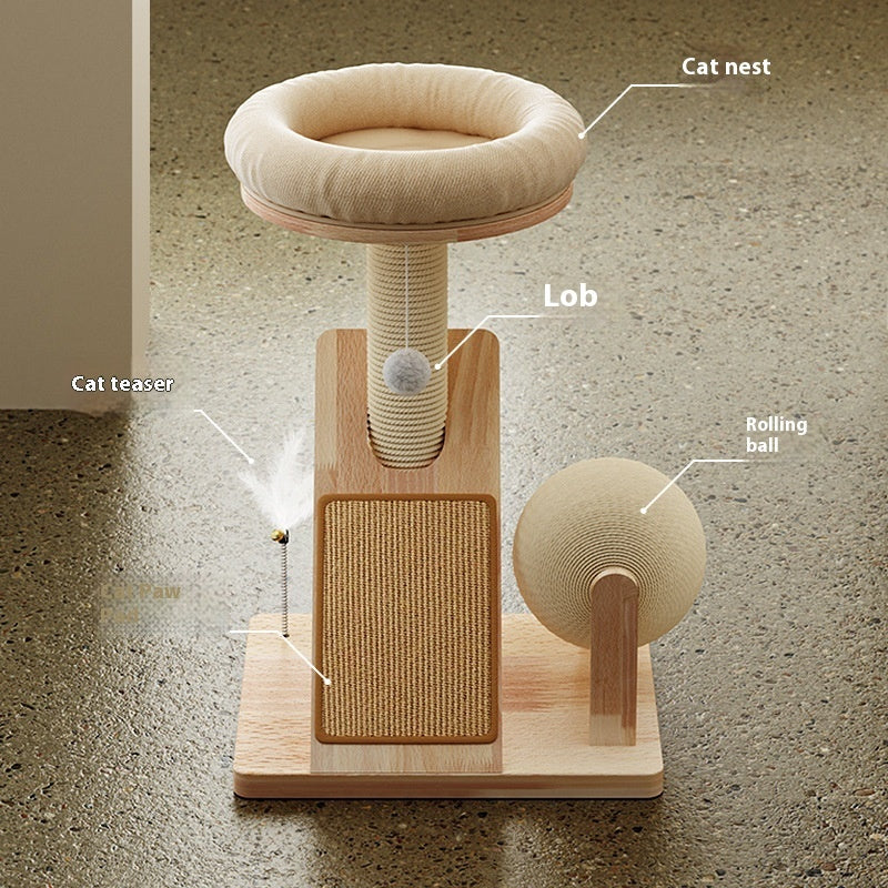 Compact beige cat climbing frame with cat nest, scratching post, rolling ball, and teaser toy on wooden base
