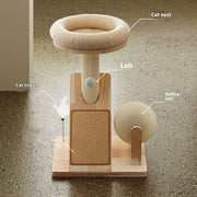 Compact beige cat climbing frame with cat nest, scratching post, rolling ball, and teaser toy on wooden base