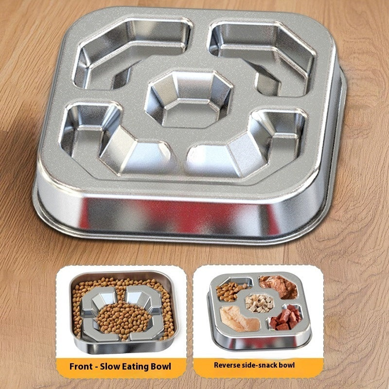 Square stainless steel slow feeding dog and cat bowl with non-slip base for healthy eating and anti-choke design