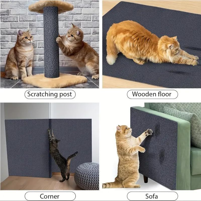 Cat scratcher sofa protector mat shown on scratching post, wooden floor, corner, and sofa with cats using it.