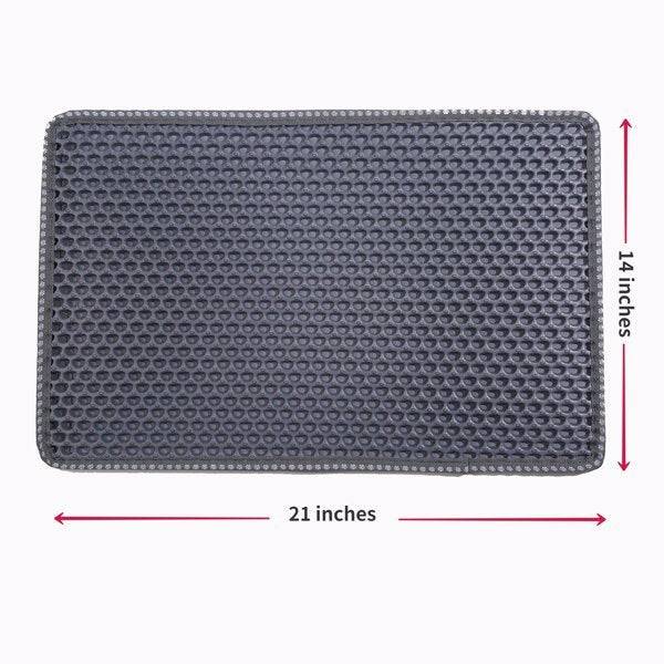 Gray cat litter box mat with honeycomb texture, measuring 21 by 14 inches, splash-proof and anti-tracking design.
