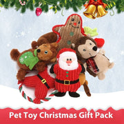 Tear-resistant plush Christmas pet toys with squeakers including Santa, gingerbread, and animal designs for cats and dogs.