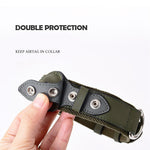 Load image into Gallery viewer, Close-up of a leather pet collar with protective Airtag cover and adjustable snap buttons for secure tracking.

