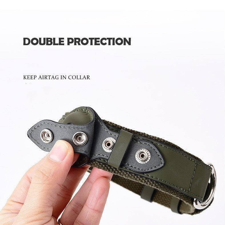 Close-up of a leather pet collar with protective Airtag cover and adjustable snap buttons for secure tracking.