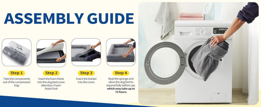 Step-by-step assembly guide for large orthopedic dog sofa bed with washable foam mattress and waterproof liner.