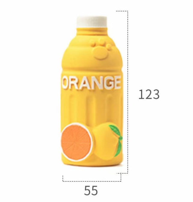 Yellow latex dog toy shaped like an orange juice bottle with fruit design, chew-resistant and floating craft.