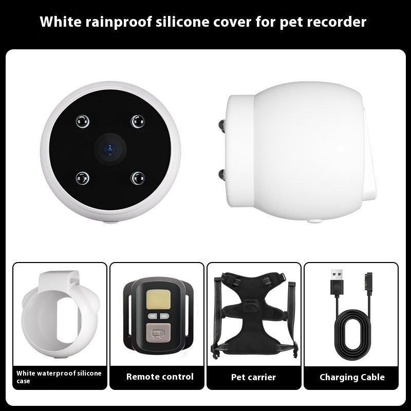 White rainproof silicone cover and accessory kit for pet recorder collar with remote, carrier, and charging cable.