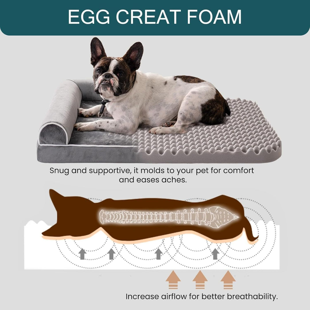Orthopedic egg foam dog bed with raised edges, supportive design molds to pet’s body, increasing comfort and airflow for medium to large dogs.