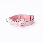 Adjustable pink leather pet collar with protective Airtag cover for cats and dogs, anti-lost tracking accessory.