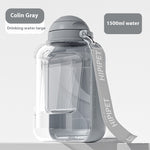 Load image into Gallery viewer, Large capacity 1500ml 2-in-1 dog water bottle with integrated food container and carrying strap in gray color
