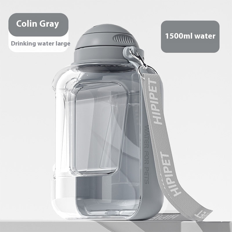 Large capacity 1500ml 2-in-1 dog water bottle with integrated food container and carrying strap in gray color