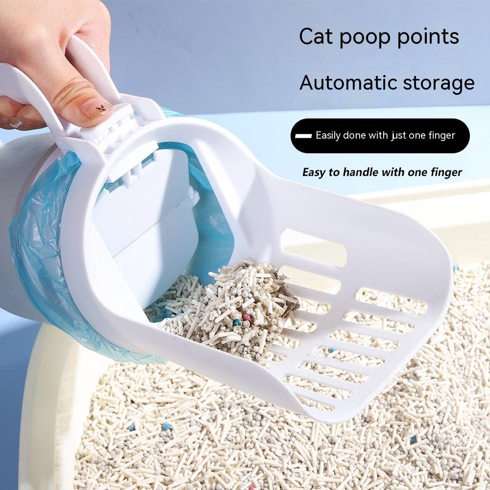 Wide cat litter scoop with refill bag for easy one-finger handling and automatic waste storage in self-cleaning bin kit