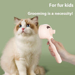 Load image into Gallery viewer, Pink Self-Cleaning Pet Comb held near a fluffy cat, emphasizing grooming necessity and gentle hair removal for fur kids.
