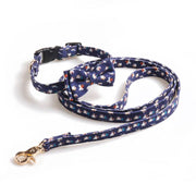 Halloween pet collar and leash set with bowknot, adjustable size, featuring pumpkin and ghost pattern on dark fabric