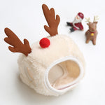 Load image into Gallery viewer, Cream-colored plush pet hat with brown antlers and a red nose designed for Christmas costumes
