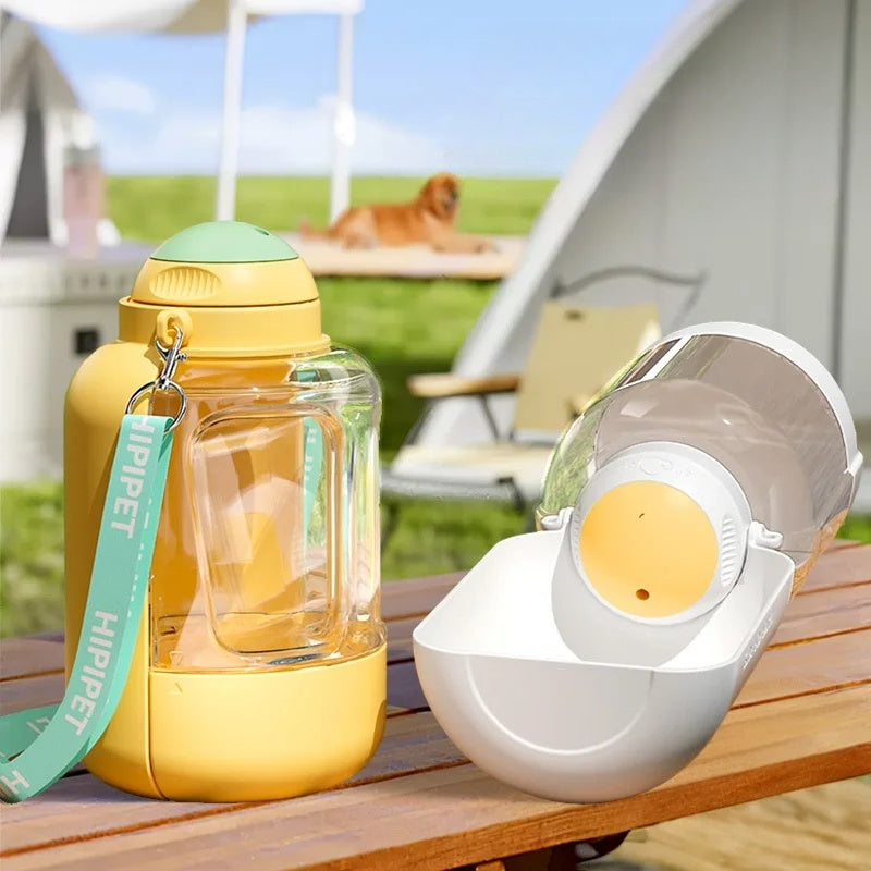 Portable 2-in-1 dog water bottle with integrated food container and bowl, large capacity for travel and outdoor use