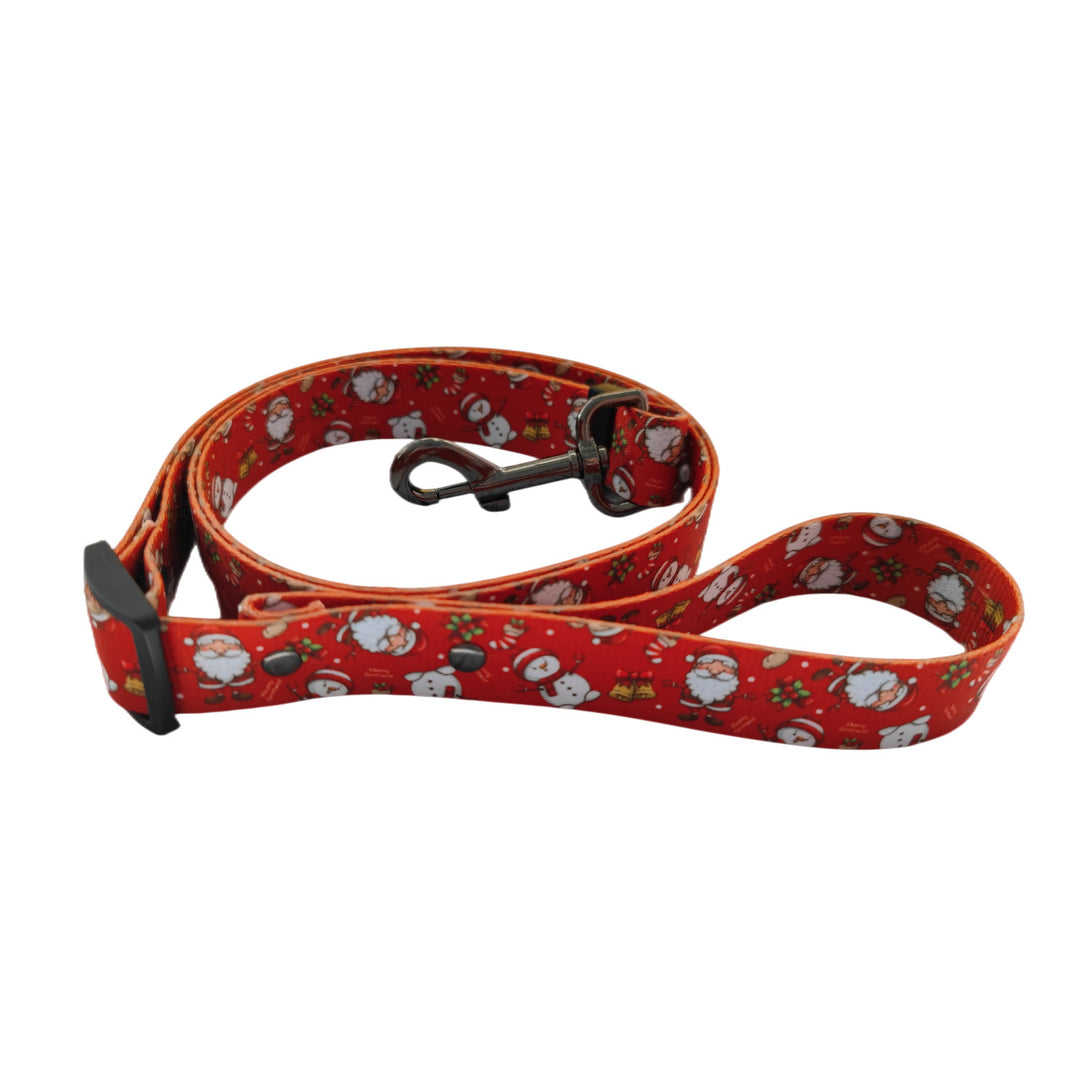 Red Christmas dog leash with festive Santa and snowman pattern, adjustable polyester with metal clip for holiday walks.