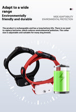 Load image into Gallery viewer, Adjustable red and black smart anti-bark spray dog collars with rechargeable batteries and long battery life shown with green battery icon
