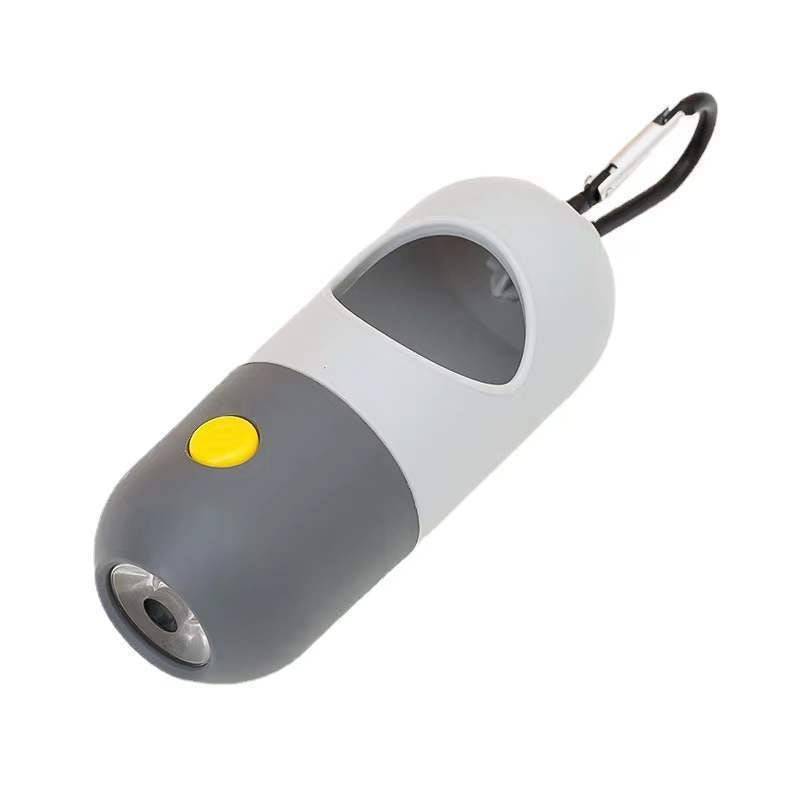 Portable LED light pet waste bag dispenser with carabiner clip for dog and cat poop bags on the go