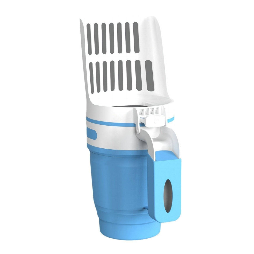 Wide cat litter scoop attached to a self-cleaning bin kit with blue and white design.