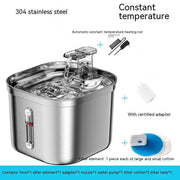 Stainless steel automatic pet water dispenser with constant temperature heating and certified adapter for cats and dogs.