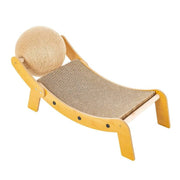 Wooden recliner cat scratcher toy with textured claw board and large sisal ball for interactive play and lounging