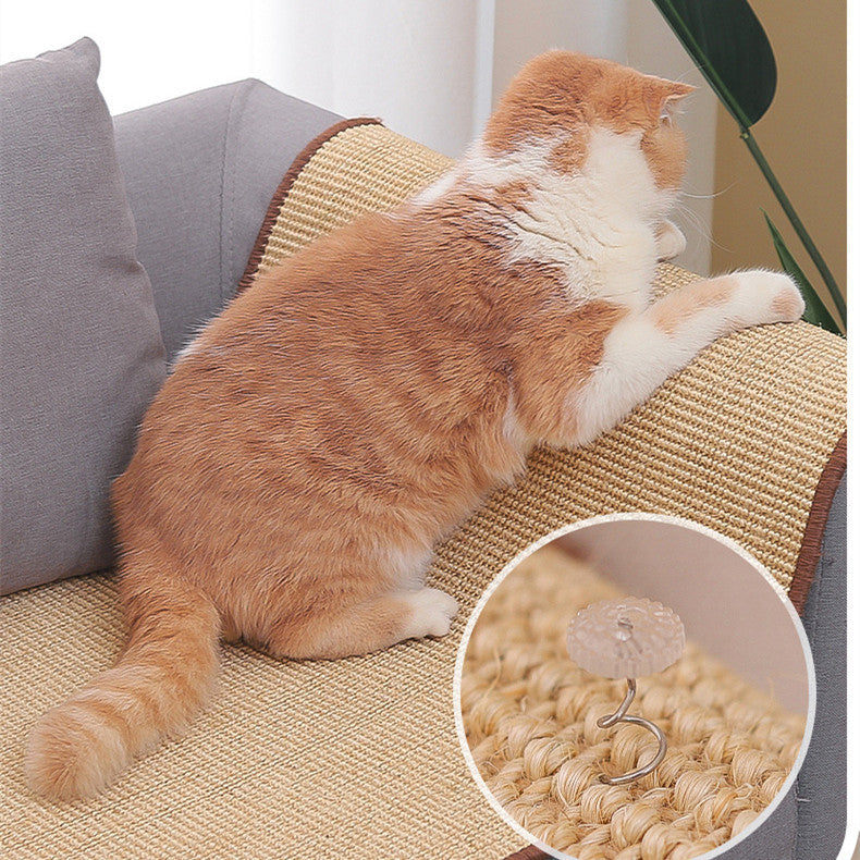 Orange and white cat scratching a durable sisal mat on a sofa, showing mess-free cat scratch protection.