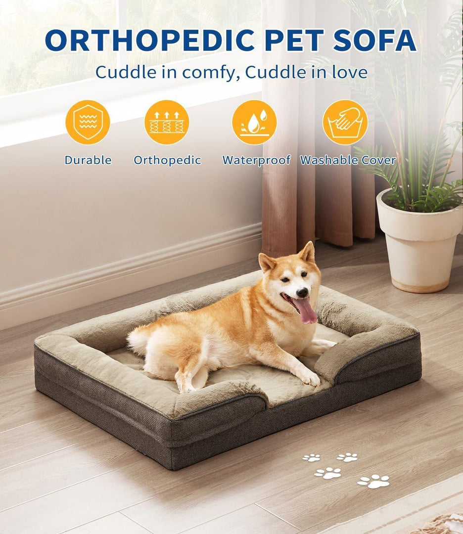 Large orthopedic dog sofa bed with washable cover, waterproof liner, and supportive egg crate foam mattress.